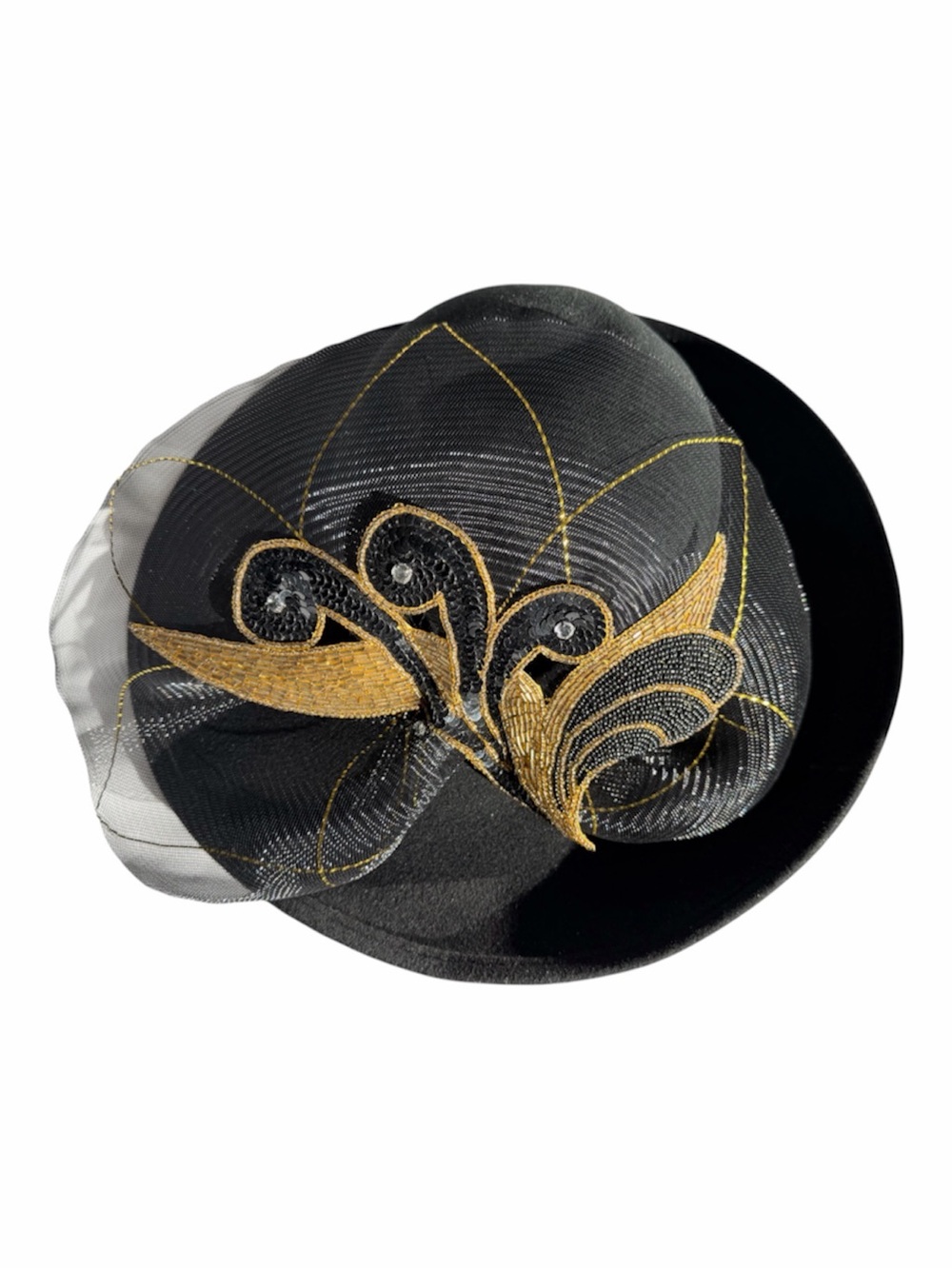 Unbranded Black Wool Felt Wide Brim Hat with Beads, Sequin, and Rhinestones